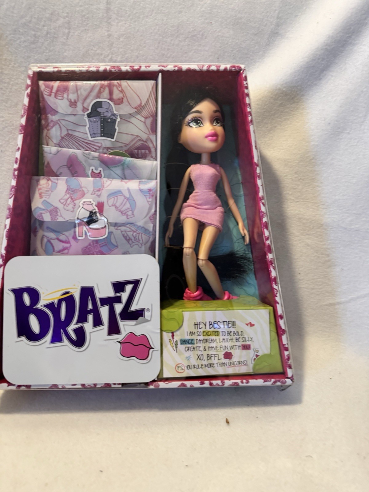 Bratz Fashion Doll Black Straight Hair Pink Dress w/ Accessories Original Box