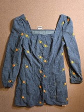 NWT Cider Dress Womens L Blue Corduroy Floral Long Sleeve Cottagecore Boho