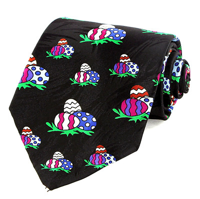 Easter Egg Hunt Mens Silk Neck Tie Holiday Necktie Decorated Egg Grass Gift 