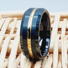 Black Tungsten Wedding Ring Brushed Matte Finished Yellow Gold IP Grooved Center