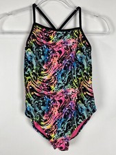 Wonder Nation Swimsuit Girl's Size L 10-12 Black Colorful Swirl One Piece