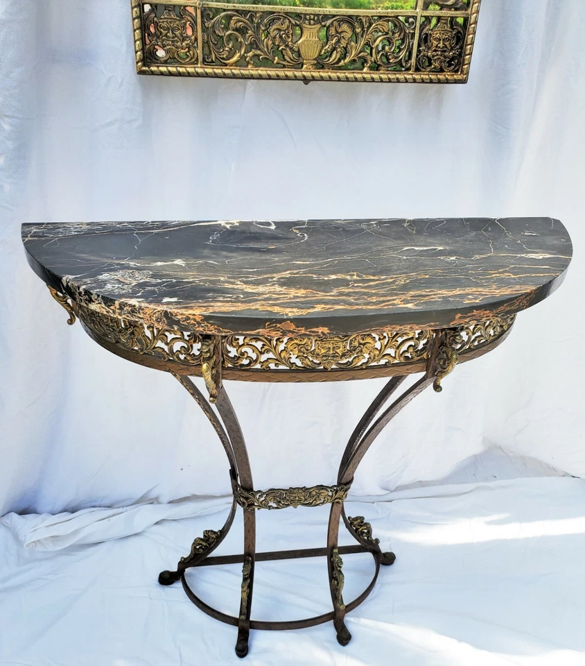 Oscar Bach Bronze Iron Marble Top Console Table & Mirror with Grapes Wine Motif - Image 2 of 4