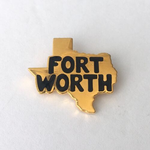 Chaqueta sombrero con solapa de mapa de Texas Ft. Worth tono dorado negro texto esmalte recuerdo - Imagen 1 de 5