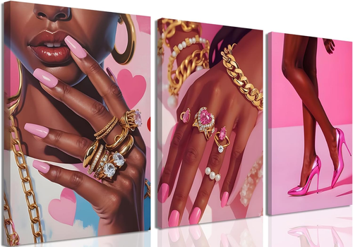 Pink Fashion Black Girl Canvas Wall Art Set of 3 Black Woman African American Wa