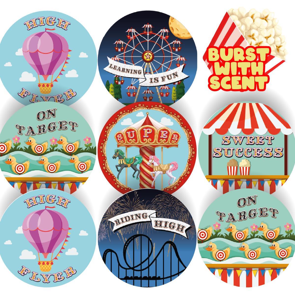 120 Popcorn Fairground 30mm Scented Reward Stickers for Teachers, Party Bags