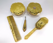 Art Deco Celluloid Dresser Vanity Set Brush Comb Box Hair Receiver Vintage