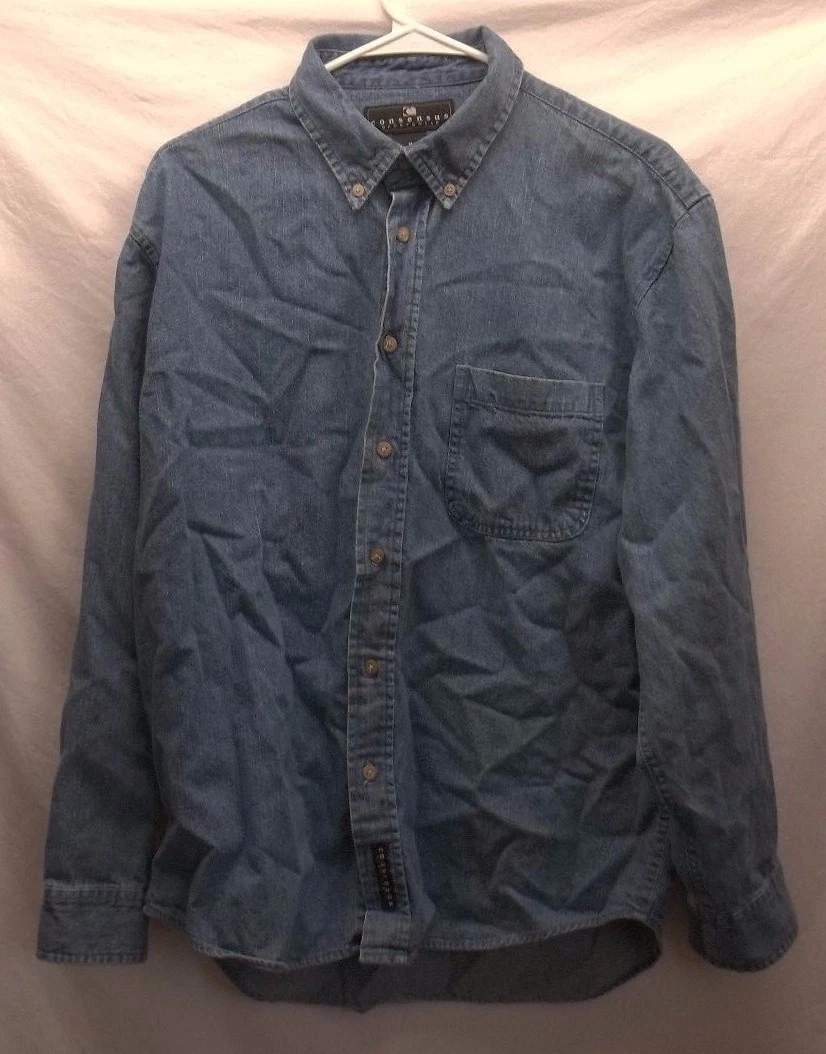 Men's Consensus Medium Solid Blue Denim Shirt LS Outdoors Western Rockabilly EUC