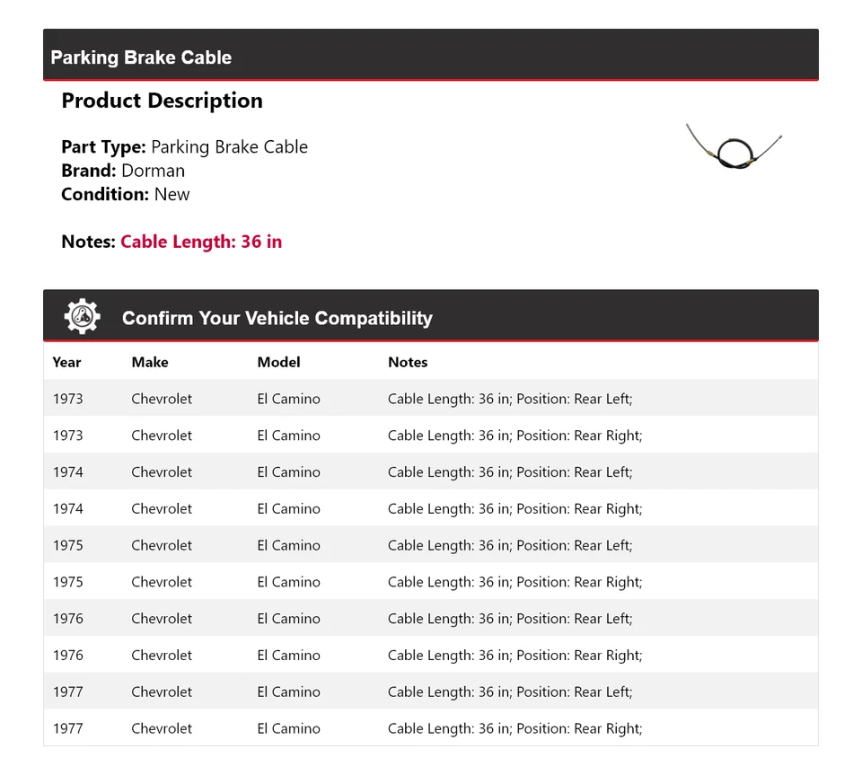 Cable de freno de estacionamiento para Chevrolet El Camino Dorman 1973-1977 1974 1975 1976 Foto 2 de 4