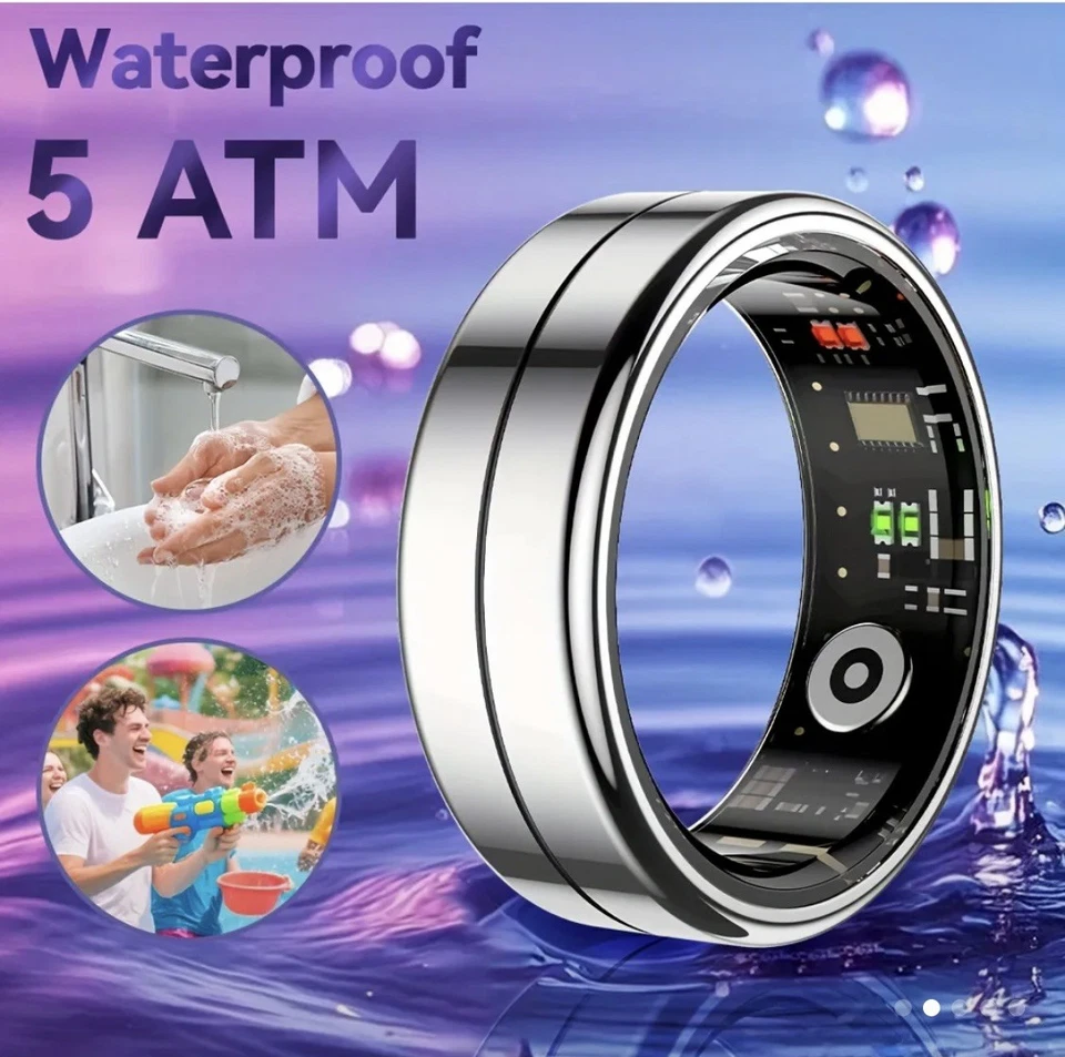 Smart Data Ring Silver Size 12 Health Tracker Waterproof Android iOS New Box - Image 3 of 4