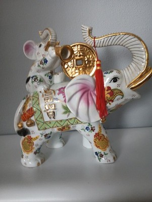 Porcelain Elephant Figurine Decorative Asian Style with Gold Accents and Coin