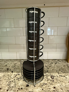 Black Espresso/Demitasse Cup & Saucer Set for 6 w/ Metal Stand, 30 ml