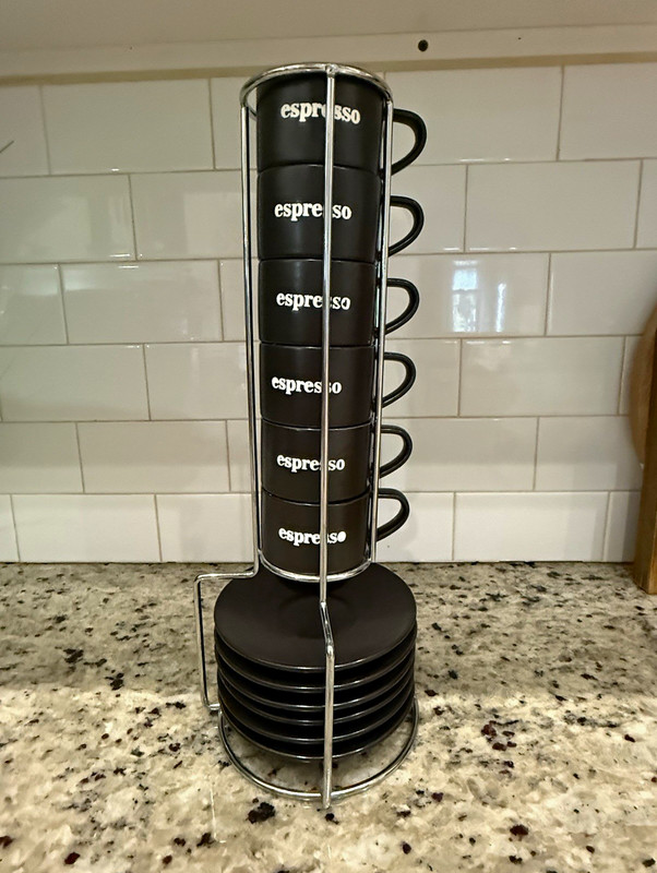 Black Espresso/Demitasse Cup & Saucer Set for 6 w/ Metal Stand, 30 ml