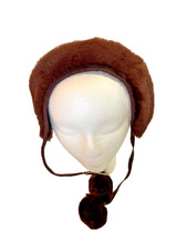 Genuine Mouton Sheep Brown Fur Collar w Integrated Pom Poms Balls RARE