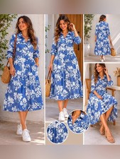 (W1)Elliott & Vine dress Tiered chambray floral dress Long Tencel pearl sleevesM