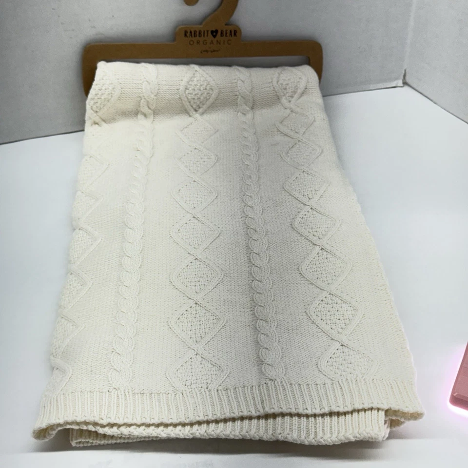 Rabbit + Bear Organic Lovey Cable Knit Beige Baby Security Blanket NEW 33x36 - Image 4 of 4