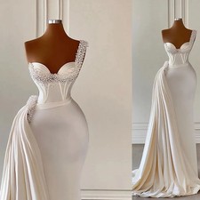 Mermaid Pearls Modern Evening Dresses White Satin One Shoulder Train Party Gowns