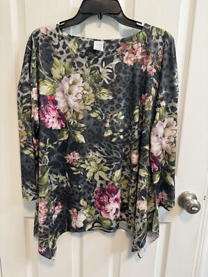 Time And Tru XL Top Gray Multi Floral Rhinestones 3/4 Sleeve Scoop Neck  New