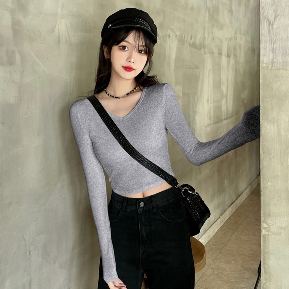 Womenu0026#039;s T-shirt Crop Tops White Navel Sexy Black Bottoming Shirts Gray  | eBay