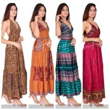 Women Sari Silk Maxi Halter Party Evening Dress Beach wear Holday Lot of 10 PC