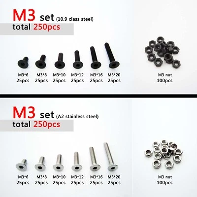 250pcs Assortment Kit M2 M3 Flat Countersunk Head Hex Socket Cap Screw Bolt Nut