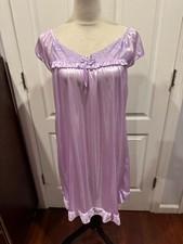 Wmn Purple Sllky Shrt Slve Nightgown w/Embrdry Lace Floral Sz L 36"Lx19"W 