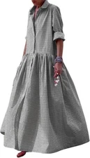 Women Gingham Maxi Dress Plaid Roll Up Long Sleeve Button Down Shirt Dress