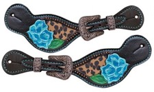 SPUR STRAPS Ladies Blue Flower & CHEETAH Inlay Leather