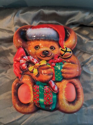 Christmas Bear Plastic Tin Preowned  10''x7''X3''