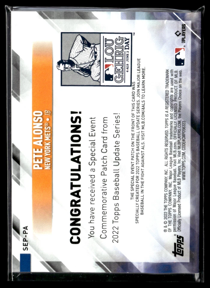Pete Alonso 2022 Topps Update Lou Gehrig Day Patch Relic #SEP-PA Mets - Image 2 of 2