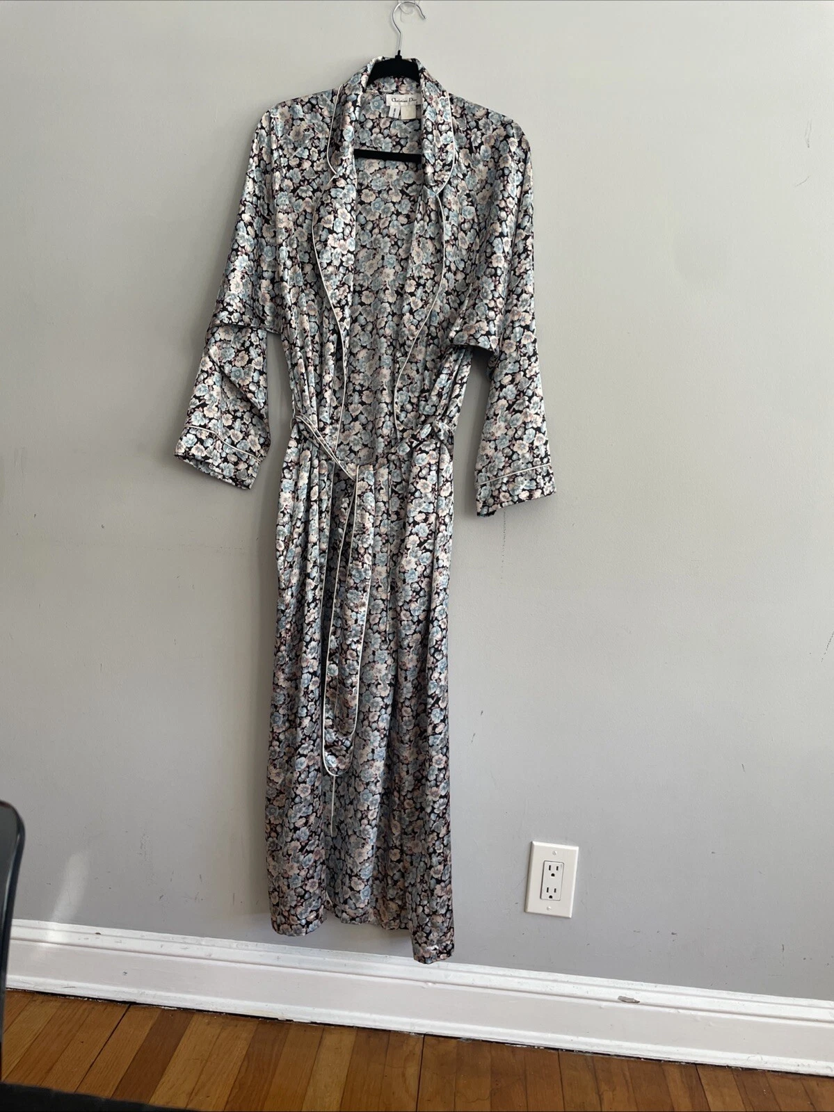 Robe longue vintage Christian Dior Saks Fifth Ave bleue à fleurs poches ceinturées M