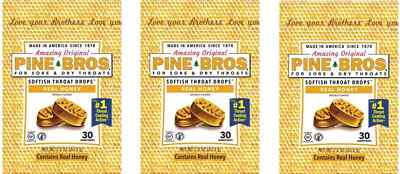 Pine Bros Throat Drop Bag Honey Lozenges 30ct each *Three Pack*