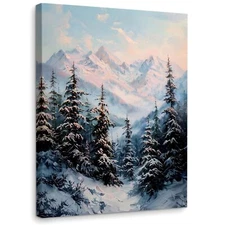 WODMIS Retro Winter Snowy Tree Wall Decor Framed Canvas Wall Art, Farmhouse C...