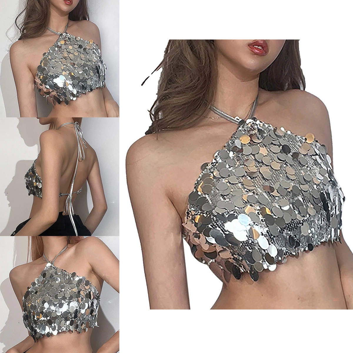 Womens Sparkle Sequin Bralette Bra Top Halter Lace-up Backless Crop Top  Clubwear