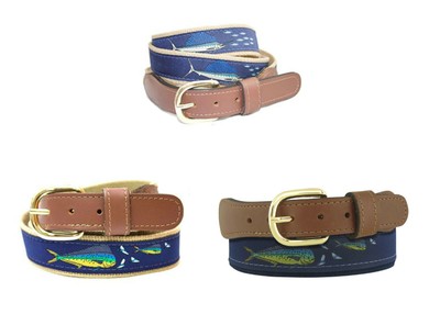 ZEP-PRO Leather Canvas DOLPHIN MAHI w/Flying Fish or SAILFISH CHASE Ribbon Belt 