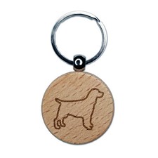 English Springer Spaniel Dog Outline Engraved Wood Round Keychain Tag Charm