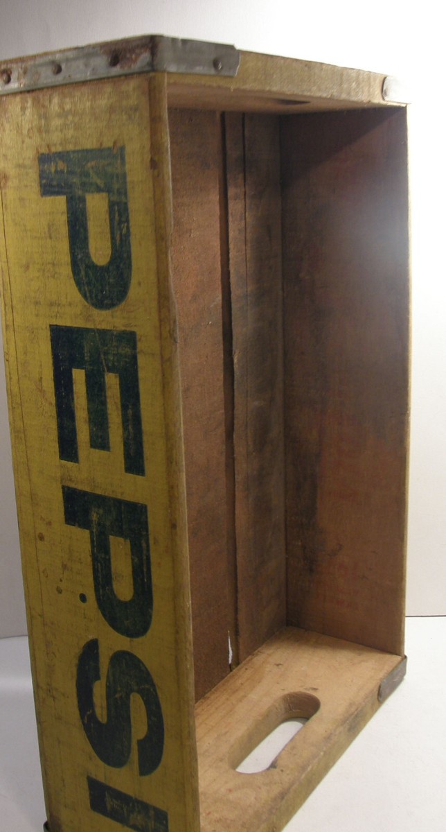 VINTAGE 1973 WOODEN PEPSI COLA BOTTLE CRATE CARRIER BLUE & YELLOW