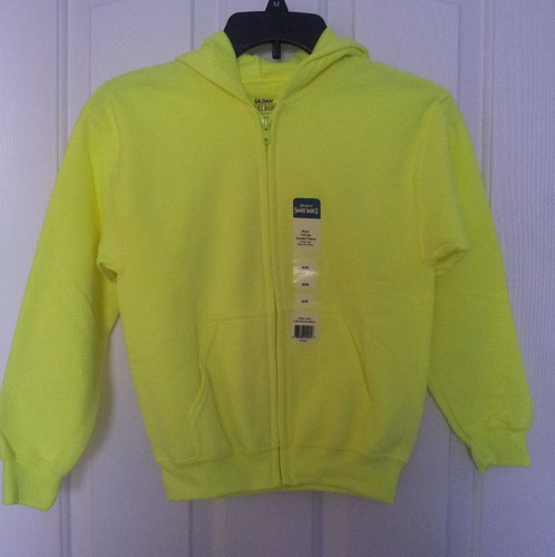 Gildan Kids Neon Safety Green Zip Front Fleece Hoodie Sweatshirt M-L-XL Pockets - Picture 17 of 17