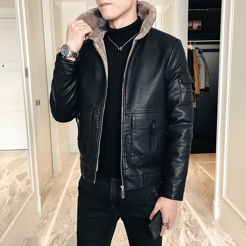 Men's Leather Jacket Tooling Cargo Pocket Lambwool Fleece