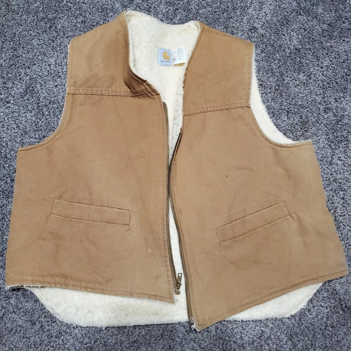 Vintage 80's Carhartt Sherpa Lined Duck Canvas Vest Tan Size XXL