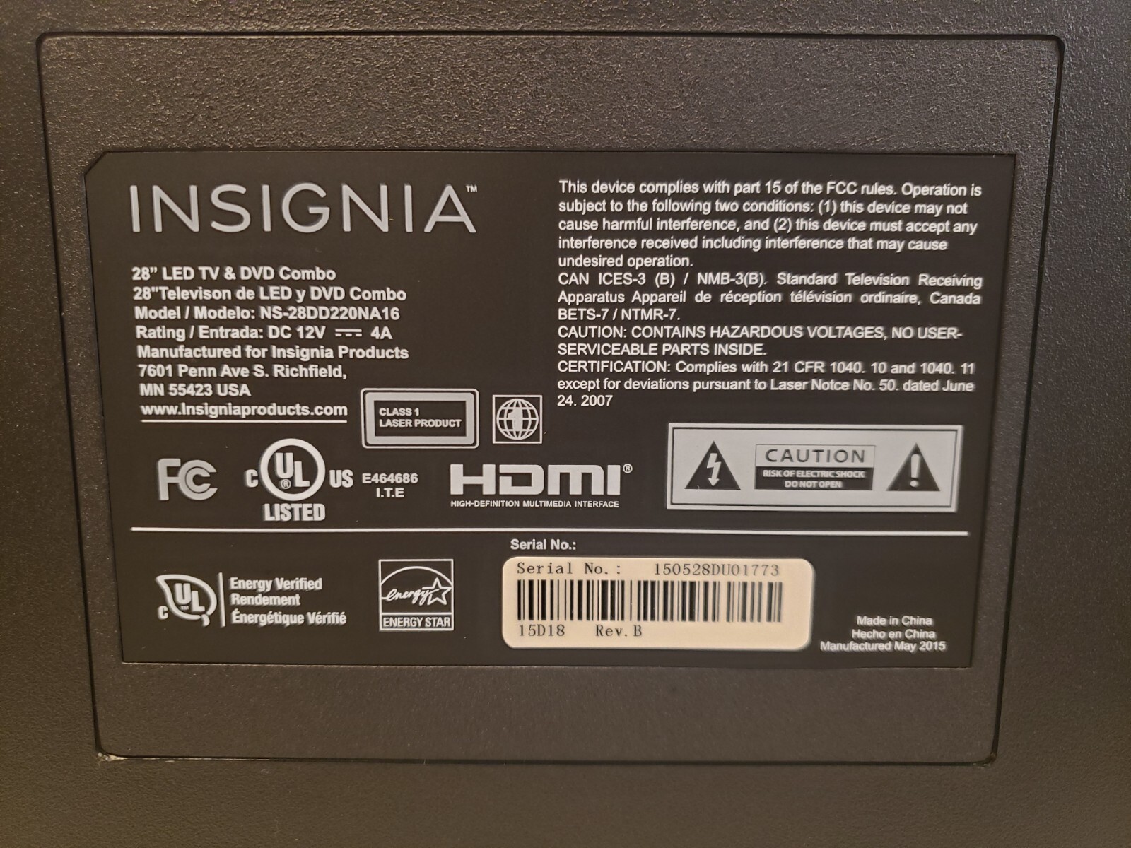 Insignia 28 Inch TV/DVD Combo ns-28dd220na16