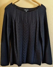 AB STUDIO Black Sweater Top Pullover Long Raglan Sleeve Cable Knit Front Size M
