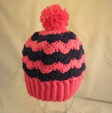 Pink  Navy Handmade New Adult Crochet Knit Beanie Hat with Pom Pom H1