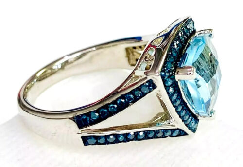 HSN Colleen Lopez Sterling Silver Trilliant Blue Topaz & Diamond Ring Size 6 - Picture 6 of 13