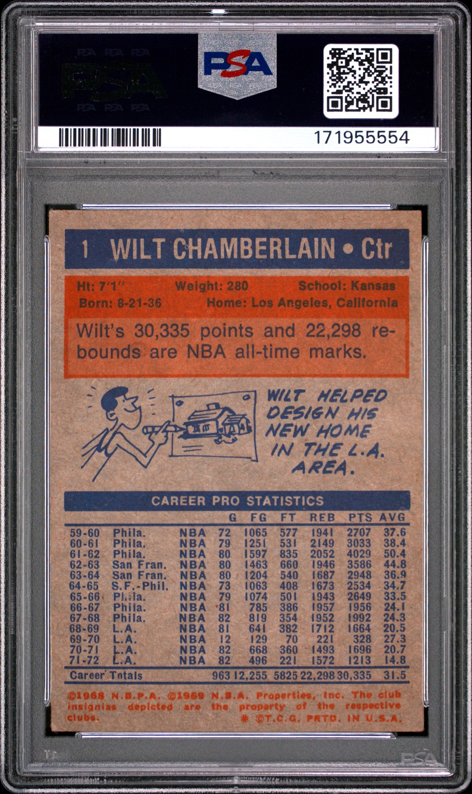 1972 TOPPS #1 WILT CHAMBERLAIN PSA 3 view 2