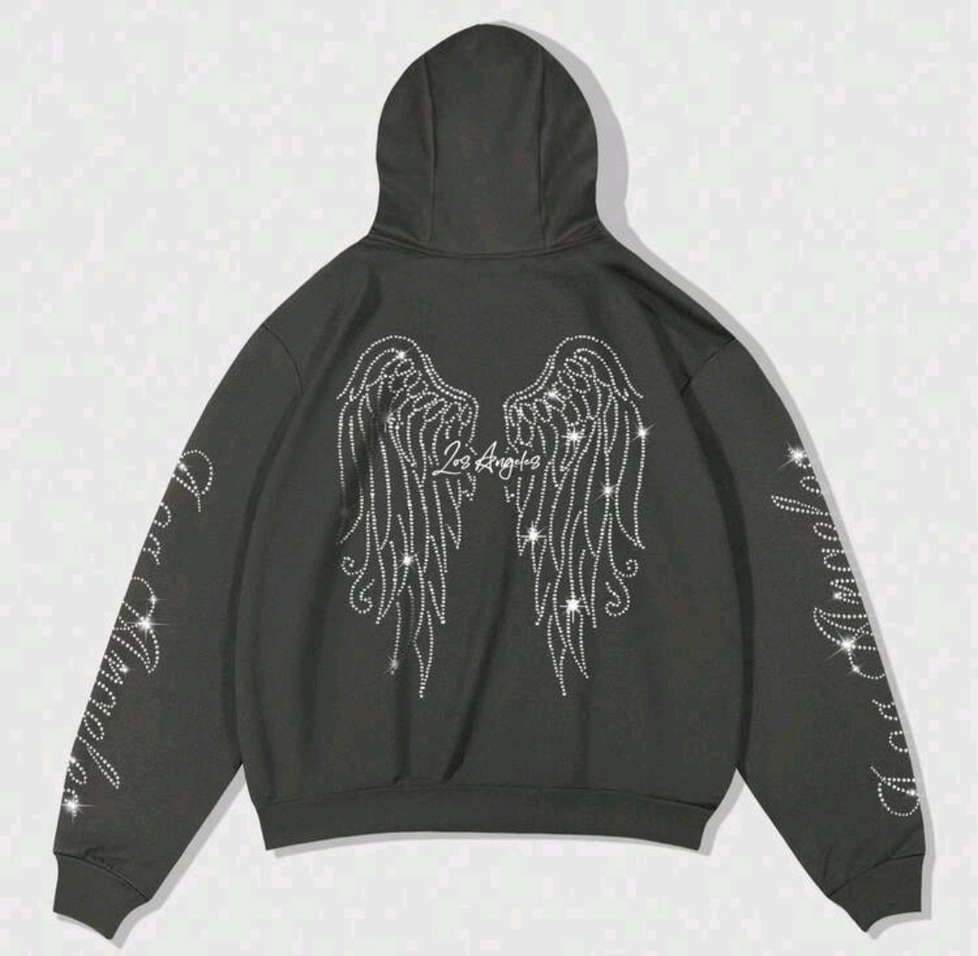 New Luxury Men Diamond Wings Rhinestones Fashion Black Zip Hoodie High Quality