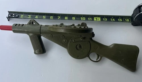 Vintage 1960s Marx US Army Green Toy Machine Gun Hand Crank Top Load