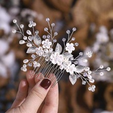 Silver Pearl Bridal Headpiece Flower Bride Wedding Hair Comb Crystal Accessory