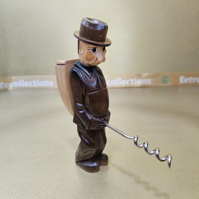Vintage Wood Corkscrew Jobin Brienz Switzerland Funny Barware 1950s Hand Carved