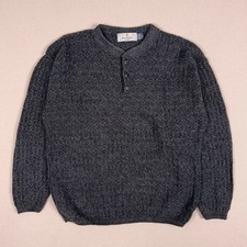 VTG 90s Bill Blass Chunky 3D Knit Henley Sweater Men M Charcoal Gray Made in USA
