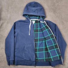 Lands End Hoodie Mens Large Blue Plaid Lined Full Zip Serious Sweats Jacket